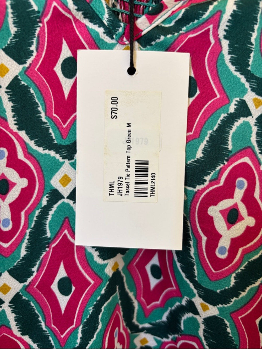 THML Teal and Hot Pink Printed Ruffle-Neck Puff Sleeve Blouse - Picture 8 of 16